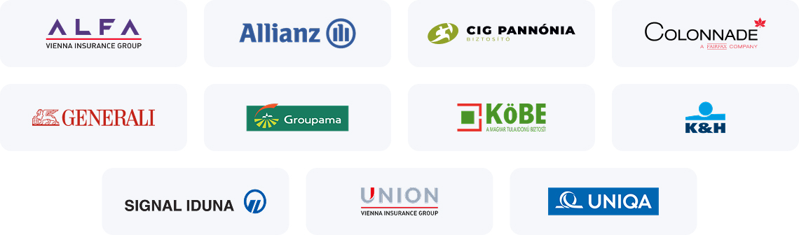 Biztosítótársaságok logói (MABISZ szerint elérhető termékek): Alfa, Allianz, CIG Pannónia, Colonnade, Generali, Groupama, KÖBE, K&H, Signal Iduna, Union, UNIQA.